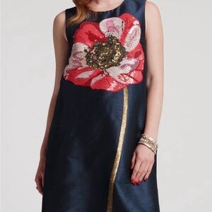 Frances Valentine Navy Dress with Red and Gold Floral Accent